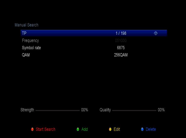 4.5 Káblové menu 4.5.1 Manuálne vyhľadávanie Vstúpte do DVB-C menu, pomocou / zvoľte TP, môžete spustiť vyhľadávanie alebo Pridať/Editovať/Mazať Transpondéry.
