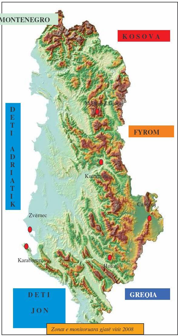 Fig. Harta e zonave te monitoruara Monitorimi i habitateve me bimë të rralla, të kërcënuara e endemike eshte kryer thuajse në të gjithë Shqipërinë, (një pjesë e tyre janë pjesë e zonave të