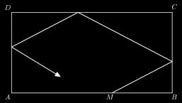 26. We are given a rectangular billiard table with sides of length 3m and 2m. A ball is shot from the point M on one of the longer sides. It reflects once on every other side as shown.