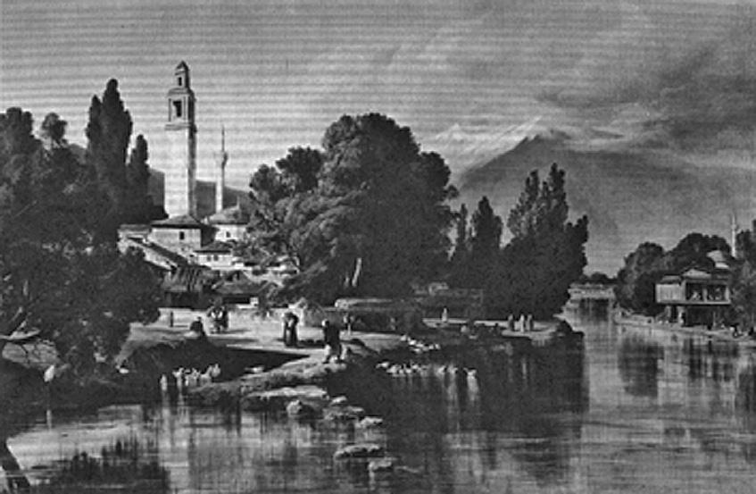 Сл. 2, Едвард Ли'р, панорама на градот, 1848 Албанија во 1466, а Бајазит II во 1492 остана во градот три дена, кога еден непознат хајдари-дервиш се обиде да го убие 13.