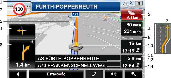 1 Εδώ εμφανίζεται ποιες πινακίδες πρέπει να ακολουθήσετε. 2 Εδώ εμφανίζονται τα όρια ταχύτητας που ενδεχομένως ισχύουν. 3 Η διαδρομή επισημαίνεται με πορτοκαλί χρώμα.