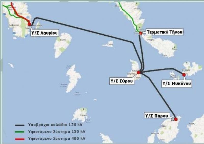 Ηλεκτρικές Διασυνδέσεις Κυκλάδες Διασύνδεση Κυκλάδων Α Φάση Περιλαμβάνει τη σύνδεση της Σύρου με το Λαύριο, καθώς και με τις νήσους Πάρο, Μύκονο και Τήνο.