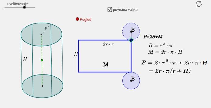 Мрежа ваљка 3.4 ПОВРШИНА ВАЉКА Ако је R полупречник основе, а H висина ваљка, површина ваљка је P = 2πR(R + H).