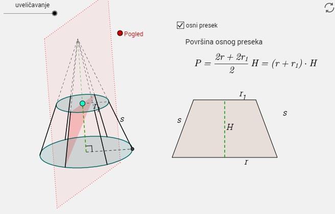 површина те зарубљене купе је P = π(r 2 + r 2 + s(r + r)). Доказ: Ca сликe 37. се види: Слика 37.