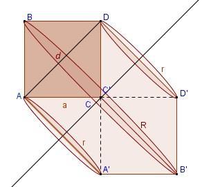 Задатак 5.4. Квадрат странице a = 18cm обрће се око праве која се налази у равни квадрата, пролази кроз једно његово теме и паралелна је са дијагоналом која не пролази кроз то теме.