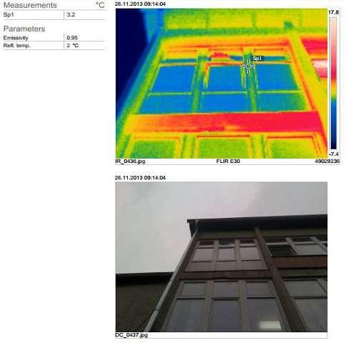 Слика 3.8 Термална слика омотача учионице На слици 3.8 уочава се неуниформно температурско поље спољашњег зида учионице. Неуниформно температурско поље потиче од топлотних мостова.