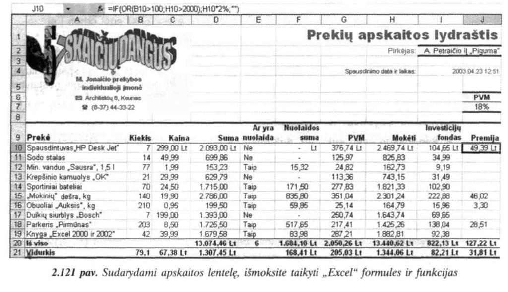 Kurdami formules, pasinaudokite šiomis rekomendacijomis: E10 narvelio formulėje, kuri pagal (2) formulę nustato, ar skaičiuojama nuolaida, imkite funkciją IF; F10 narvelio formulėje, kuri