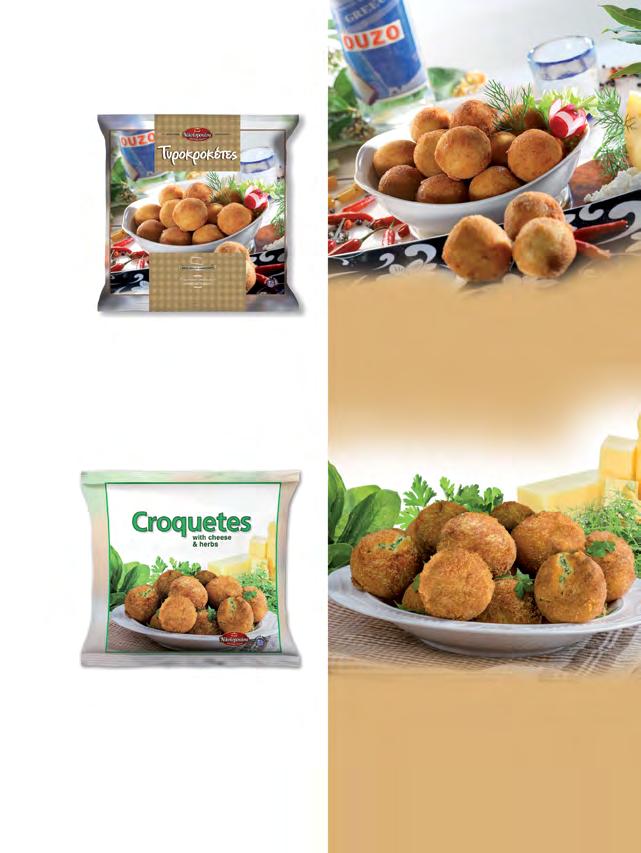 Κροκέτες Τυροπουγκιά Τυροκροκέτες πανέ Cheese Pouches Cheese Croquets με Τυριά & φρέσκα μυρωδικά with Cheese & aromatic herbs Βάρος τεμαχίου: 30g 3-4 λεπτά 180 C Piece weight: 30g 3-4 min 180 C