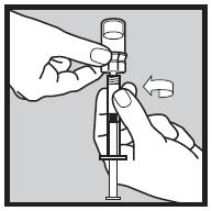 În timp ce ţineţi cu fermitate adaptorul pentru flacon, introduceţi vârful seringii în adaptorul flaconului şi cu o mână răsuciţi seringa în sensul acelor de