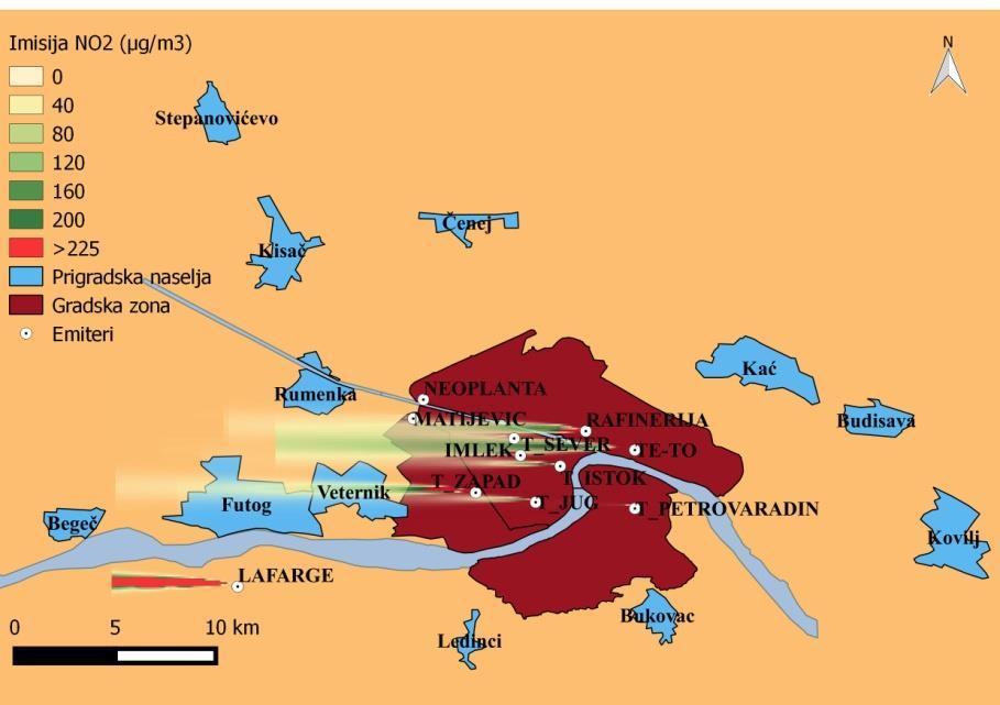 4.3.4. Анализа нивоа NO 2 Нагласимо још једном да су све анализе вршене са изабраним максималним интензитетима емисије свих стационарних извора.