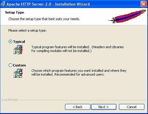 Εικόνα 5.5. Επιλογή τρόπου εγκατάστασης Σε αυτό το στάδιο, επιλέγουµε που θα εγκατασταθεί ο Apache server µας, όπως δείχνει και η εικόνα 5.6. Αφήνουµε το path όπως είναι και πατάµε «Next».