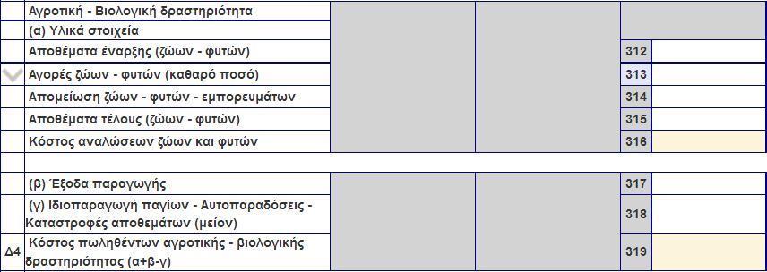 Κωδικός 311 Υπολογίζεται αυτόματα από το σύστημα και ισούται με 307-308-309-310 Κωδικοί 312, 314, 315 (αγροτική- βιολογική δραστηριότητα)