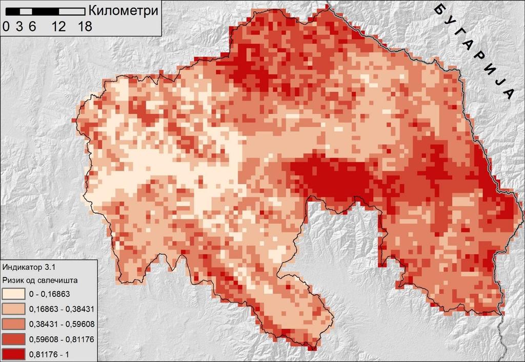 Карта на екплпшка сензитивнпст за сливпт на реката Брегалница Слика 5 - Карта на вреднпсти на индикатпрпт 3.1 - ризик пд свлечишта 2.1.3.2 Индикатпр 3.