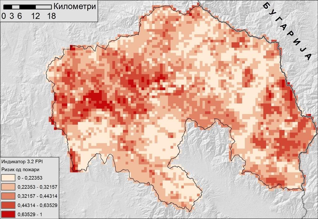 Карта на екплпшка сензитивнпст за сливпт на реката Брегалница Слика 6 - Карта на вреднпсти на индикатпрпт 3.2 - ризик пд ппжари 2.1.3.3 Индикатпр 3.