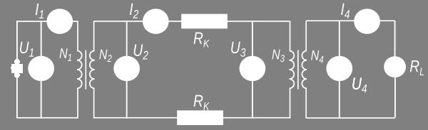 Solvo U 4 = 4V I 4 = 0,04 A R L= 50Ω N 1 = 600 Sen perdoj en la transformiloj rezultas N 12000 U 3 = 3 U 4 = 4 V = 80 V N4 600 N 2 = 12000 I2 = I3 = N1 600 U 2 =