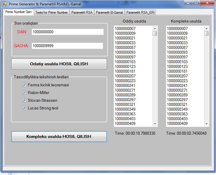 - Solovay-Strassen testi; - Lukas strong test. Ushbu testlar algoritmi haqida ikkinchi bo limda aytib o tildi.