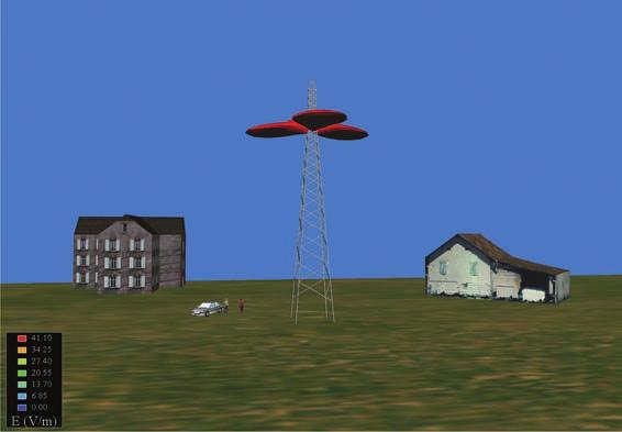 Slika 25: Vplivno območje bazne postaje z antenami nameščenimi na stolpu. Prikazano je vplivno območje za II. območje varstva pred sevanji.