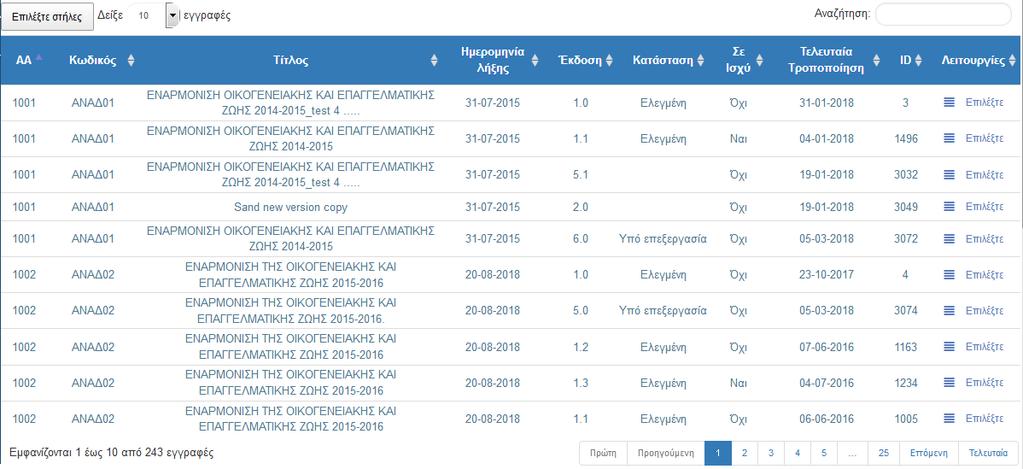 Μετά την εκτέλεση της αναζήτησης τα αποτελέσματα που αντιστοιχούν στα κριτήρια εμφανίζονται στον πίνακα των αποτελεσμάτων: 2.