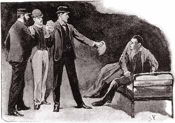 Arthur Conan Doyle απότομο τράβηγμα έβγαλε τα ανακατεμένα κόκκινα μαλλιά, και εκεί, καθισμένος στο κρεβάτι του, βρισκόταν ένας χλωμός, θλιμμένος, με καλλιεργημένη εμφάνιση άνθρωπος, με μαύρα μαλλιά