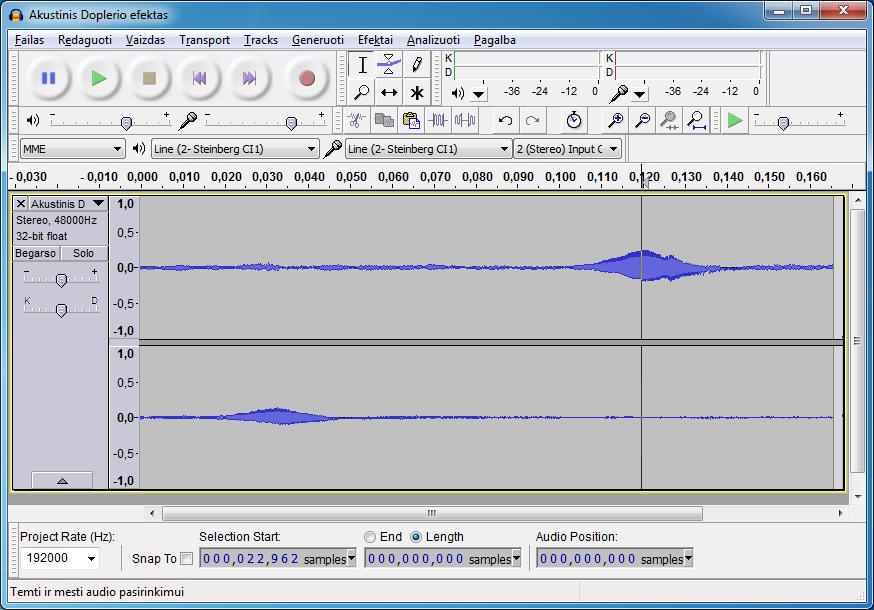 Priedas Garso įrašo analizė programa Audacity Šiame eksperimente yra matuojamas garso stipris kintant laikui dviem monofoniniais mikrofonais užfiksuojamas garso įraše.