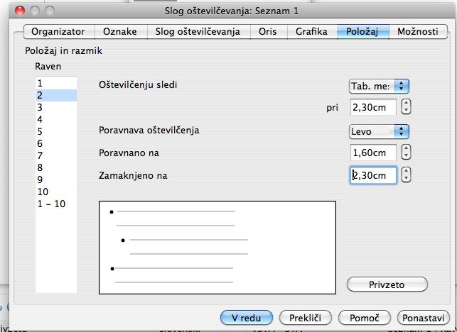 Pri vsakem slogu seznama lahko izbiramo različne zavihke (gl. sliko 32): Organizator zapišemo ime sloga Oznake izberemo oznako za označevanje seznamov npr.
