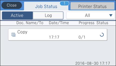 Βασικά στοιχεία εκτυπωτή Ρύθμιση παραμέτρων οθόνης Job/Status Πατήστε το κουμπί ή των εργασιών. για να εμφανιστεί το μενού Job/Status.