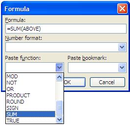 Gõ công thức các hàm cần tính tại Formula (chú ý: trước công thức luôn phải có dấu bằng =), hoặc chọn các hàm trong mục Paste Function, các hàm thông dụng bao gồm: + SUM(x1, x2,.