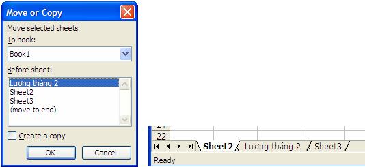Trong phần Before sheet kích chọn một Sheet để đặt trang cần di chuyển vào trước trang đó, ví dụ: Lương tháng 2. Ô Create a copy cho phép tạo một bản sao của trang hiện hành. 3.2.9.