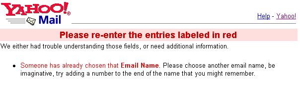 Dòng thông báo khi tên đăng ký của bạn không hợp lệ (do đã trùng với một tên đã có) Các dòng nhãn ô được in màu đỏ