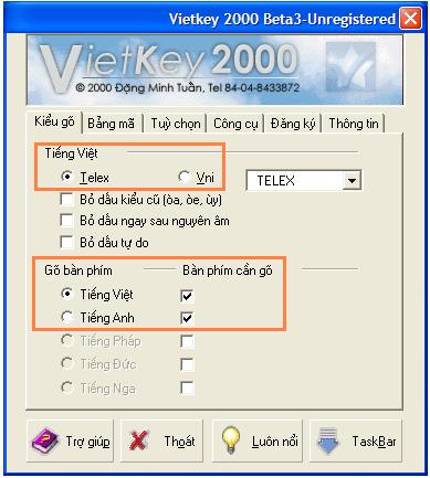 Thẻ Kiểu gõ: Cho phép lựa chọn kiểu gõ và ngôn ngữ cần gõ văn bản. Tại mục Tiếng Việt có hai lựa chọn kiểu gõ tiếng việt là Telex và Vni.
