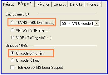 Ví dụ ở hình trên cho phép ta có thể gõ 2 loại ngôn ngữ là Tiếng Việt và Tiếng Anh, và tại thời điểm hiện thời đang cho phép gõ Tiếng Việt. Thẻ Bảng mã: cho phép lựa chọn kiểu bảng mã tiếng Việt.
