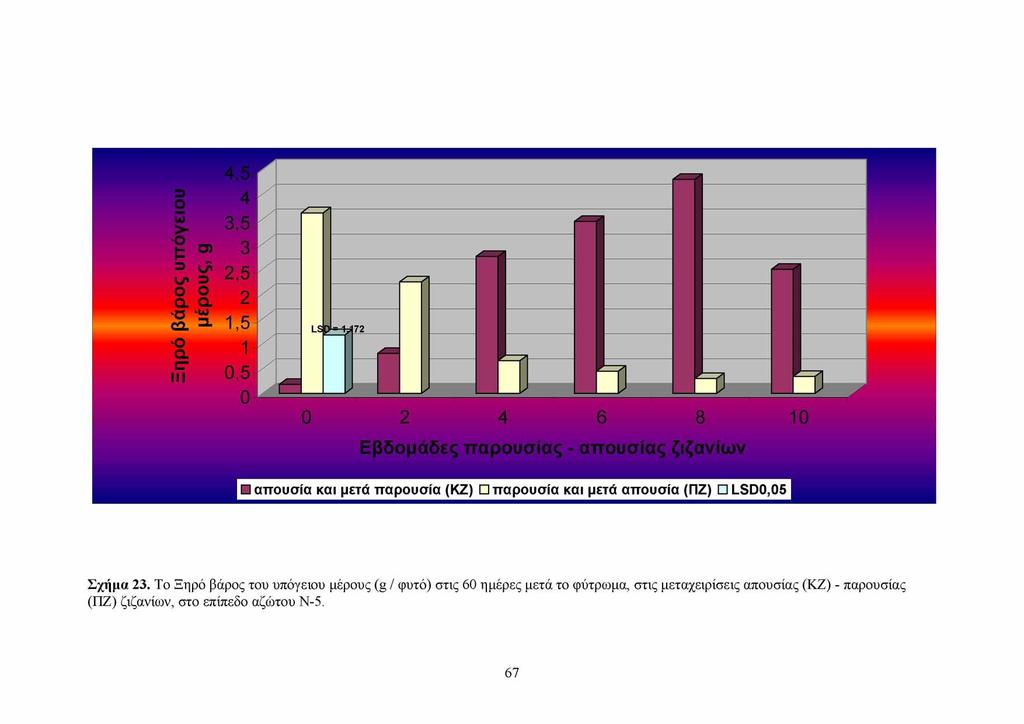 2 4 6 8 10 Εβδομάδες παρουσίας - απουσίας ζιζανίων απουσία και μετά παρουσία (ΚΖ) παρουσία και μετά απουσία (ΠΖ) LSD0,05 Σ χ ή μ α 23.