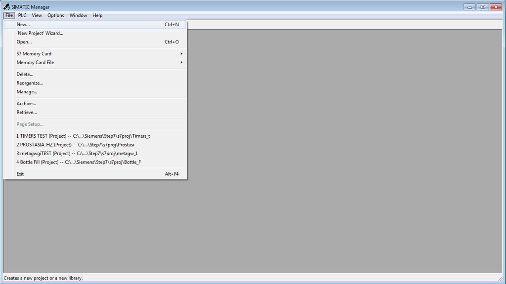 Στο περιβάλλον του Simatic Manager επιλέγουμε File > New όπως