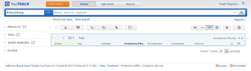 YouTrack Παρακολούθηση Σφαλμάτων Αφού επιλέξει «Issues», ο χρήστης οδηγείται στην
