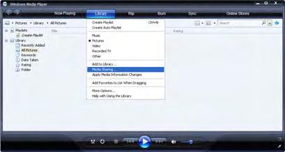 Windows Media Player v11 σε Windows XP Ρύθμιση για κοινή χρήση δικτύου 1 Στο Windows Media Player επιλέξτε Library (Βιβλιοθήκη) από το μενού και, έπειτα, επιλέξτε Media sharing (Κοινή χρήση