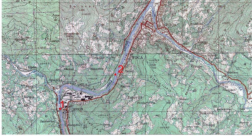 Слика 52 Локације узорковањa воде На територији општине Фоча, на организовани систем одвођења отпадних вода прикључено је око 90% домаћинстава која су прикључена на систем водоснабдијевања, односно