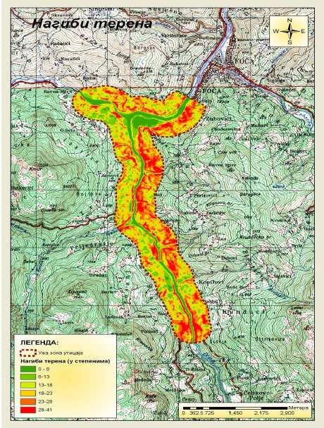Ипак, важно је истаћи важност заштитне и еколошке функције шума у односу на производне. Табела 55 Нагиби терена Нагиба( у степенима) Површина (ha) % 0-6 112.28 8.71 6-13 165.24 12.82 13-18 283.04 21.