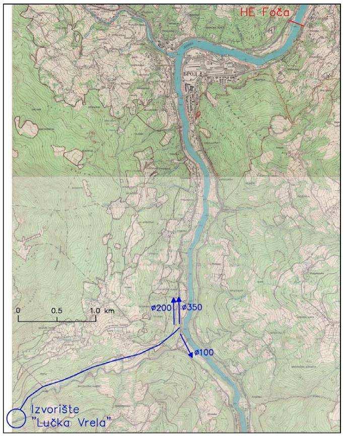 Слика 4 Положај изворишта Лучка Врела Сагледавајући неопходне правце развоја водоснабдијевања насеља на територији општине, која се налазе у долини ријеке Дрине, може се закључити да се планирани