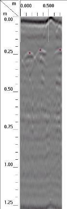 Στην σάρωση με το μαγνητόμετρο (Σχήμα 3δ) διακρίνονται οι ίδιες ράβδοι, διαμέτρου Φ20, με επικάλυψη 3-7cm που αντιστοιχίζονται κατά διάταξη και επικάλυψη με τις εικονιζόμενες στην σάρωση του ραντάρ.