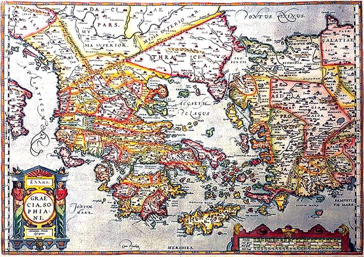 123 Abraham ORTELIUS Ελλας - Graecia Sophiani Hand-coloured copper engraving, published in 1579 in Antwerp by Chr.