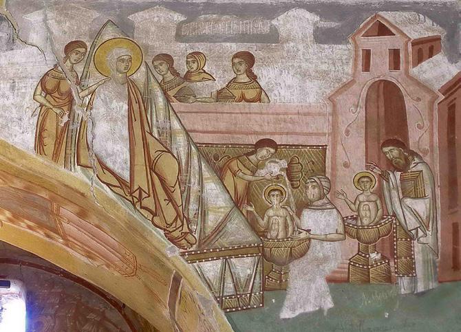 1. Раѓање и крштевање на св. Никола / The birth and the baptism of St. Nicholas Никола со сцена на Раѓањето од манастирот Ореоец (1595-1603) 34, како и на иконите св.