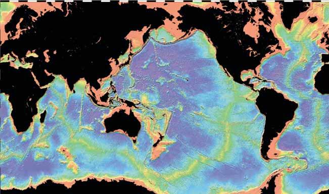 Εικόνα 2-2 Ωκεάνια βαθυμετρία. Αυτός ο χάρτης δείχνει τα κύρια βαθυμετρικά χαρακτηριστικά των ωκεάνιων λεκανών του Ειρηνικού ωκεανού, του Ατλαντικού ωκεανού και του Ινδικού ωκεανού.
