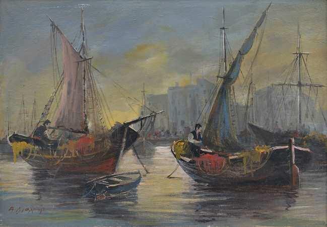 ΔΙΑΛΕΤΗΣ Αλέκος (1912-1991) Ψαροκάικα στο λιμάνι Λάδι σε καμβά 70 100εκ υπγρμ κ.