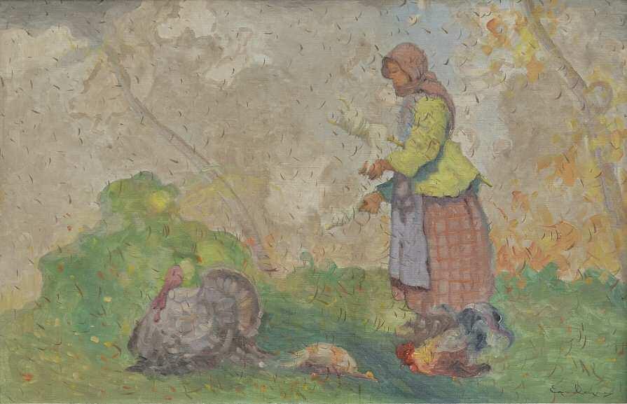 κ.α THOMOPOULOS Epaminondas (1878-1974) Peasant girl spinning the wool by the stream Signed oil on