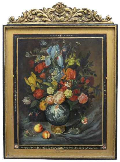 α 400-600 KARFAKIS Themis (1924) Flowers in a French pot Signed oil on wood in a handmade carved frame 80