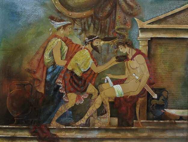 ΚΗΡΟΜΥΤΗΣ Ιωσήφ (1951-2013) Ο Ιπποκράτης θεραπεύων νεανίαν πλάι στον Ορκο Λάδι σε καμβά 60 80 cm