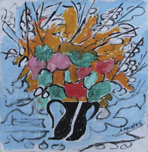 500 MYTARAS Dimitris (1934-2017) A vase of flowers Signed acrylic on paperboard laid on canvas 50 50 cm