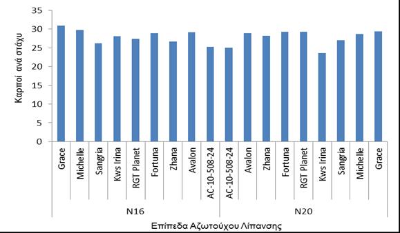 Διάγραμμα 3.2.5 Αριθμός των καρπών ανά στάχυ για κάθε ποικιλία και είδος λίπανσης. Η κάθετη μπάρα συμβολίζει την Ελάχιστη Σημαντική Διάφορα για a=0.05. Λίπανση Ν20: 20-20-0, Ν16: 16-20-0.