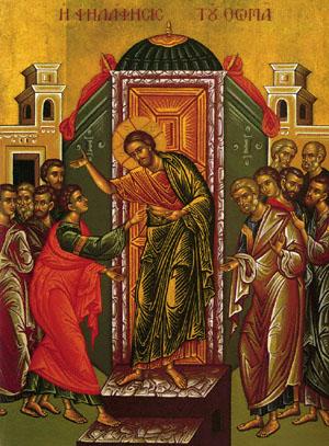 Thomas Sunday Though the doors were shut at the dwelling where the disciples were gathered for fear of the Jews on the evening of the Sunday after the Passover, our Saviour wondrously entered and