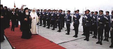 Welcome of Ecumenical Patriarch Bartholomew I. in Bucharest by Patriarch Teoktist of Romania.